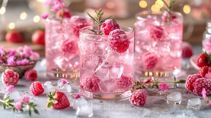 Naklejka premium Glass filled with ice and raspberries next to bowl of raspberries and ice cubes