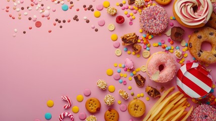 Variety junk food products on the top view background