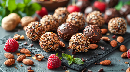 A bunch of small, round, chocolate and oat balls are sitting on a table with a pile of oat flakes