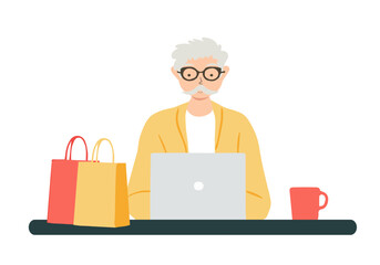 A pensioner uses modern technologies and gadgets. Grandfather buys clothes and accessories online on the Internet, orders through a laptop. Flat vector cartoon characters.