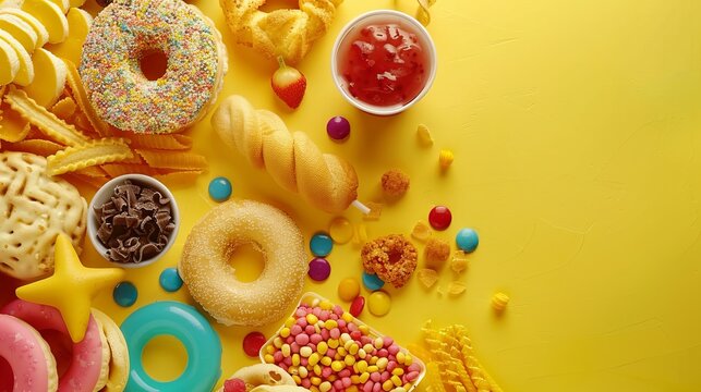 Variety junk food products on the top view background