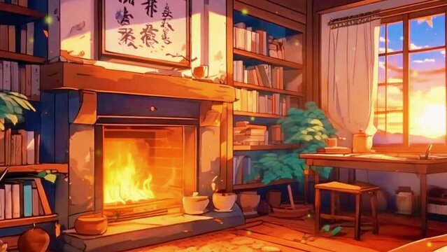 A cozy study with the sound of a crackling fire, 2D flat Japanese anime-style 4k lofi hip-hop bites landscape music background animation video