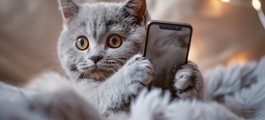 domestic cat attentively gazes at a smartphone screen while comfortably seated on a bed. The felines focused expression suggests interest or curiosity in the devices contents