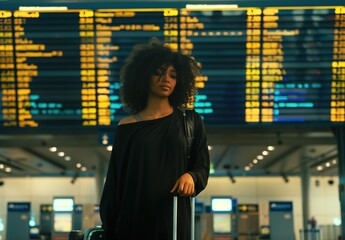 woman  standing inside an airport terminal, appearing to be waiting for her flight