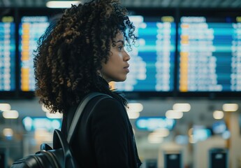 woman  standing inside an airport terminal, appearing to be waiting for her flight