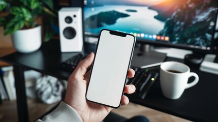 Cropped image of smart man's hands holding and using a white blank screen smartphone while sitting at the working desk over comfortable living room as - Powered by Adobe