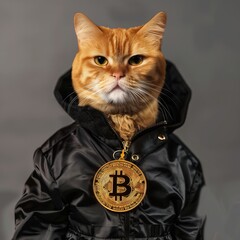 cat wearing a black jacket and a bitcoin pendant around its neck stands confidently