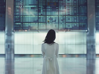 woman is standing in front of a digital airport departure board, checking flight information