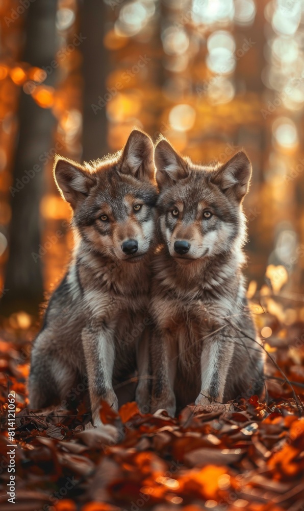 Sticker Two gray wolf cubs sitting on the ground in a forest. Generative AI.