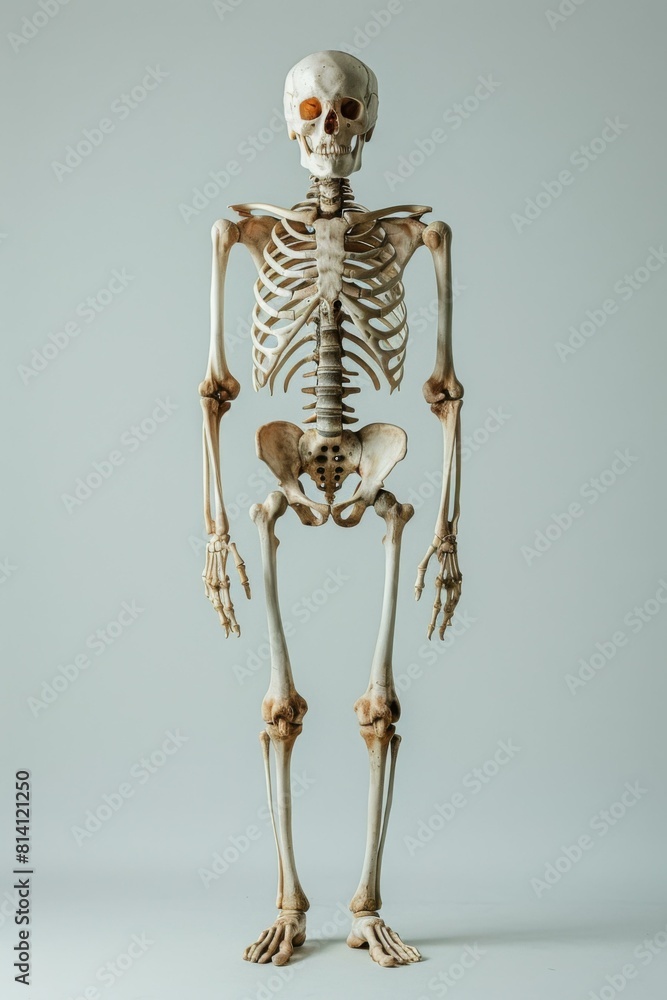 Poster a skeleton is standing on a gray background. generative ai.