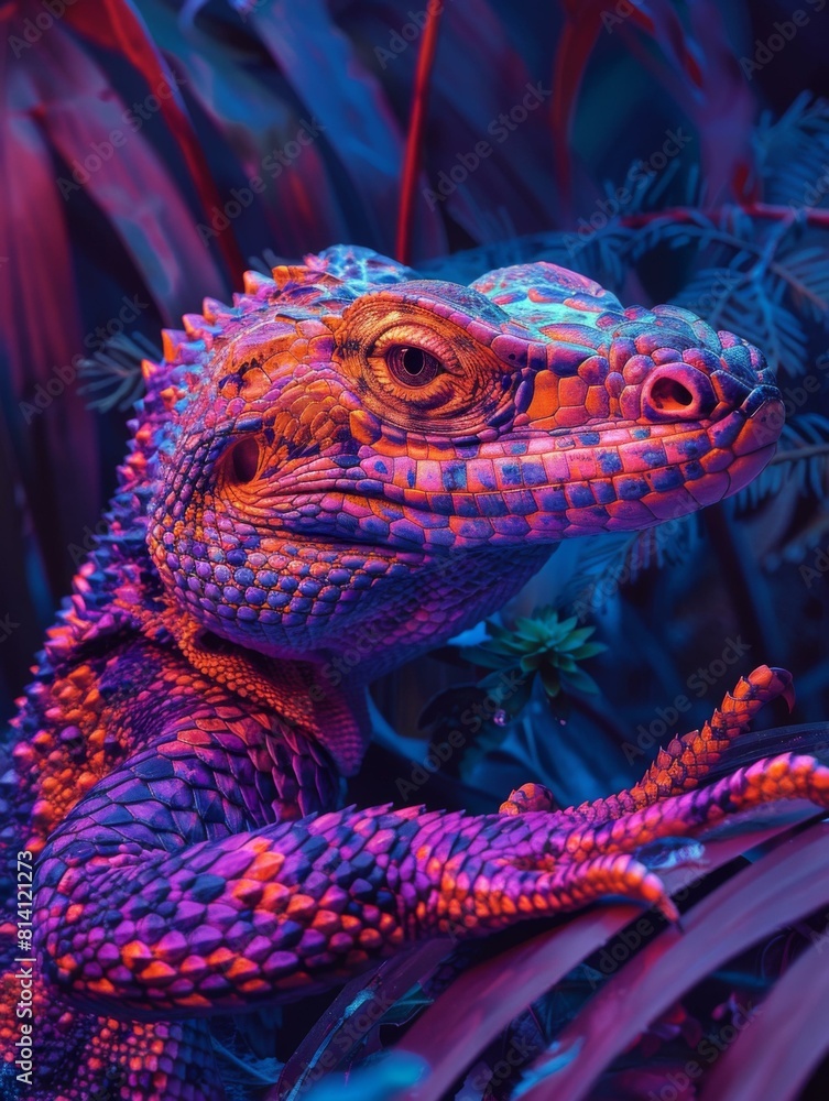 Poster a lizard is sitting on a branch with colorful leaves. generative ai.