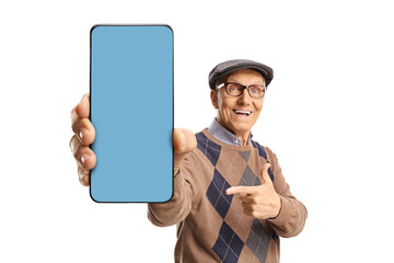Senior man showing a smartphone with blue screen in front of camera