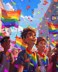 A group of friends celebrate Pride together. They are all smiling and waving rainbow flags. The background is a bright and colorful sky.