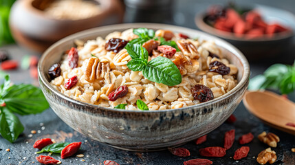 A hearty bowl of oatmeal topped with crunchy nuts and sweet berries, a nutritious and delicious start to the day.