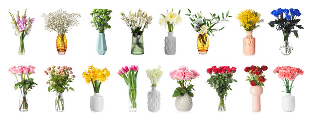 Set of many vases with bouquets of different flowers on white background