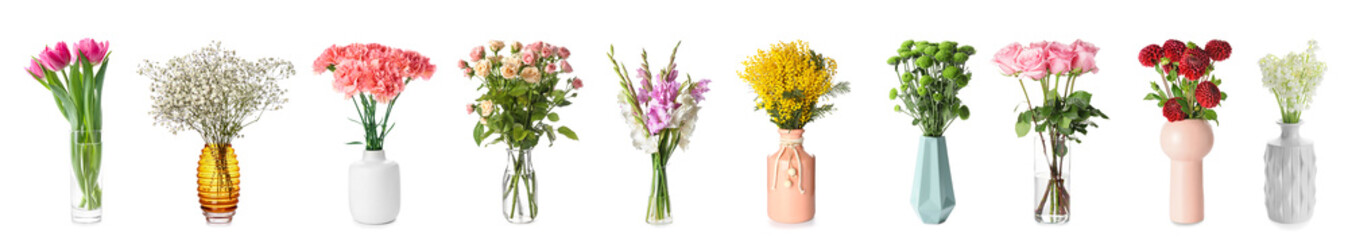 Set of vases with bouquets of different flowers on white background