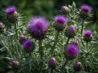 Vibrant cluster of purple thistle flowers bloom amidst backdrop of greenery, radiating energy, life. Spiky petals of each flower contrast with sharp, green leaves surrounding them.