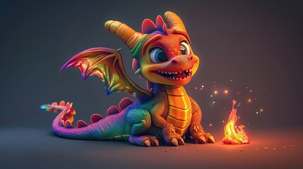 A cute baby dragon sits next to a small campfire, the light reflecting off his scales. He is excited for his first adventure.