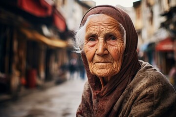 Enduring Old Turkish woman in sun light. Aging mature female face summer. Generate Ai