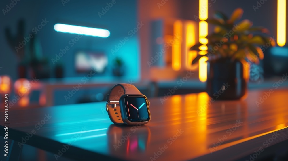 Poster futuristic smartwatch display in a modern tech startup environment