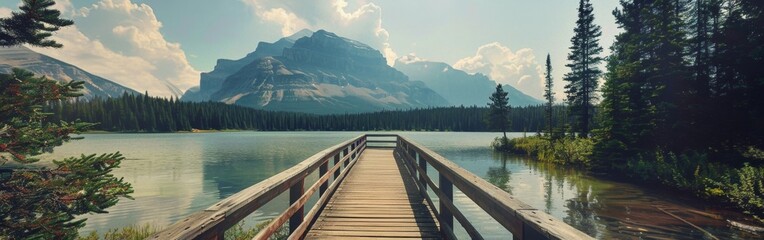 Fototapeta premium A wooden bridge leading to the shore Generative AI
