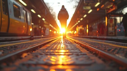   An image of a person standing on a train track against a backdrop of the setting sun and a train in the distance