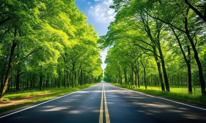 Obraz premium A long road towards the horizon through a green forest