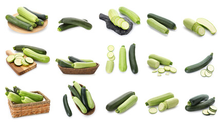 Set of fresh green zucchini on white background