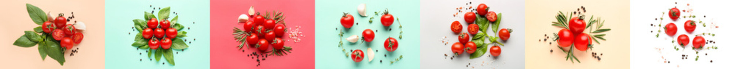 Collage of ripe cherry tomatoes and spices on color background, top view