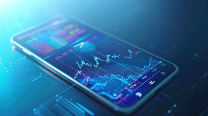 3D rendering of a state-of-the-art mobile device showcasing dynamic stock market graphs and business icons on its screen.