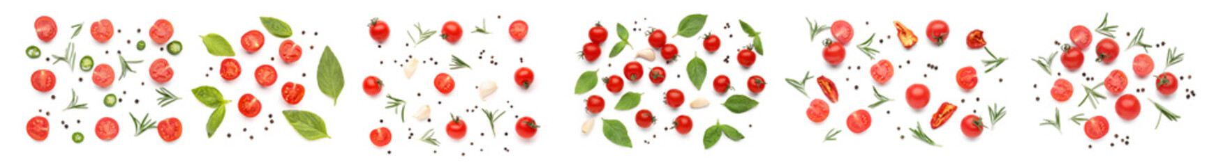 Set of ripe cherry tomatoes and spices on white background