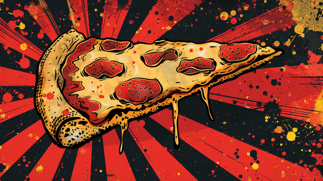 It is a pizza ad designed like a comic book cover. It's a pop art pizza ad. Pizza advertisement banner with copy space.