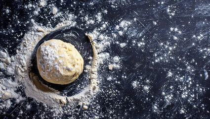Dough on floured surface under soft light. A ball of dough placed on a dark, floured surface, artistically captured under soft lighting, suitable for culinary themes. AI generative..