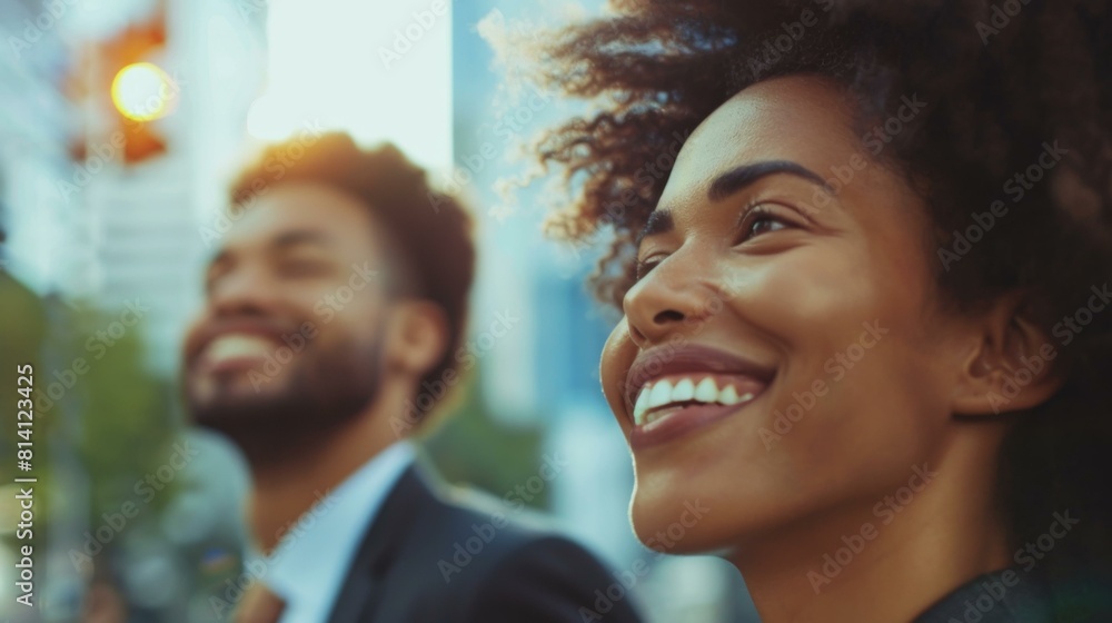 Poster a man and woman smiling while standing next to each other. generative ai.