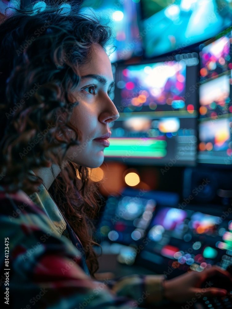 Poster a woman sitting at a computer in front of many monitors. generative ai.