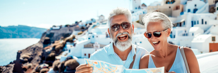 Banner - Cheerful middle-aged couple tourist enjoys their summer vacation in Greece laughing and...