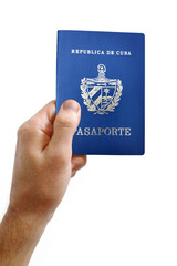 Man holding a Cuban passport against a white background