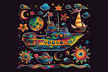 Space-sea set in the style of groovey trippy hippie pop art with floating ships and bright astronomical motifs
