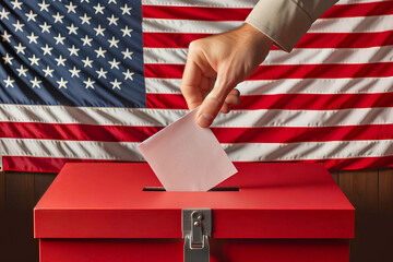 hand putting a ballot into a ballot box against the background of the US flag, presidential election