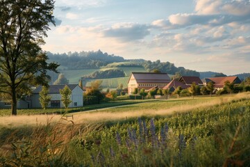 A rural landscape with a yellow house and a few other houses in the distance