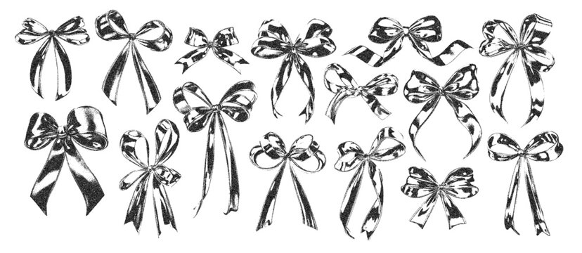 Bow ribbons with vintage stipple effect, y2k coquette collage design. Monochrome photocopy retro design elements. Vector illustration for grunge gothic surreal poster