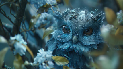 A blue owl perches on a tree branch surrounded by colorful flowers