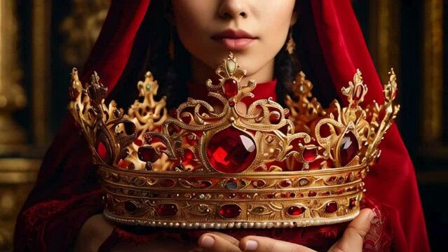 Woman in Red Cloak Holding Golden Crown in Palace Setting