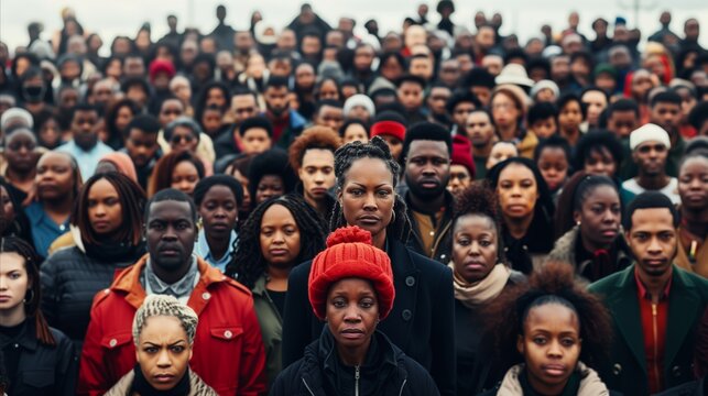 A large and very dense crowd of black Londoners all ages stretching as far as you can see into the background. They are all facing the camera and looking serious and straight at the viewer. 