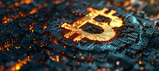 A Bitcoin logo made of glowing microchips on an electronic circuit board