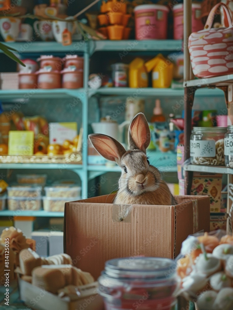 Poster a rabbit sitting in a box inside of a store. generative ai.