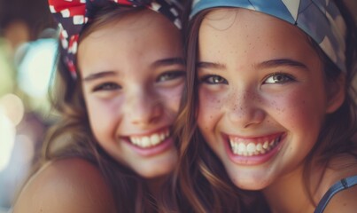Fototapeta premium Two young girls with headbands smiling at the camera. Generative AI.