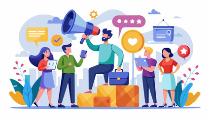 Concept of advertisement, marketing, promotion, call through the horn, online alerting Communication announcement by flat megaphone, flat illustration