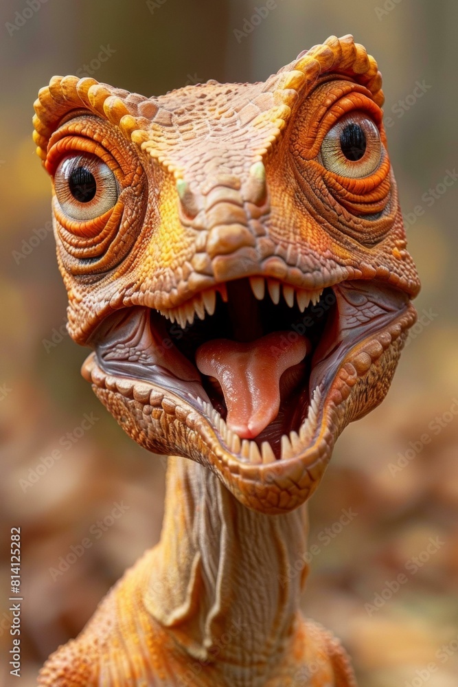 Poster A close up of a dinosaur with its mouth open. Generative AI.