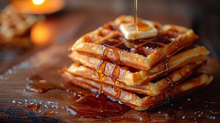 Stack of waffles with syrup and butter on a wooden board, delicious baked goods